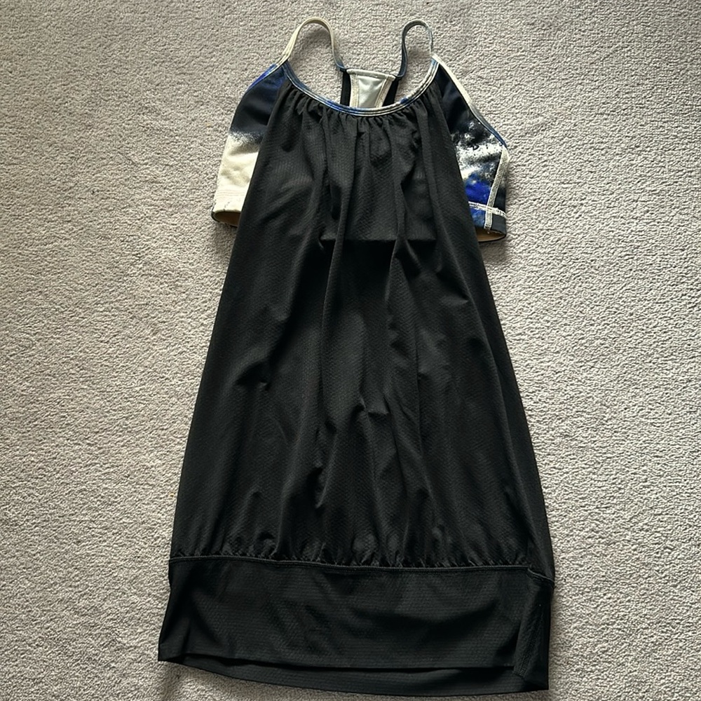 Lululemon athletica No Limits tank. Black tank with blue, black, cream bra.